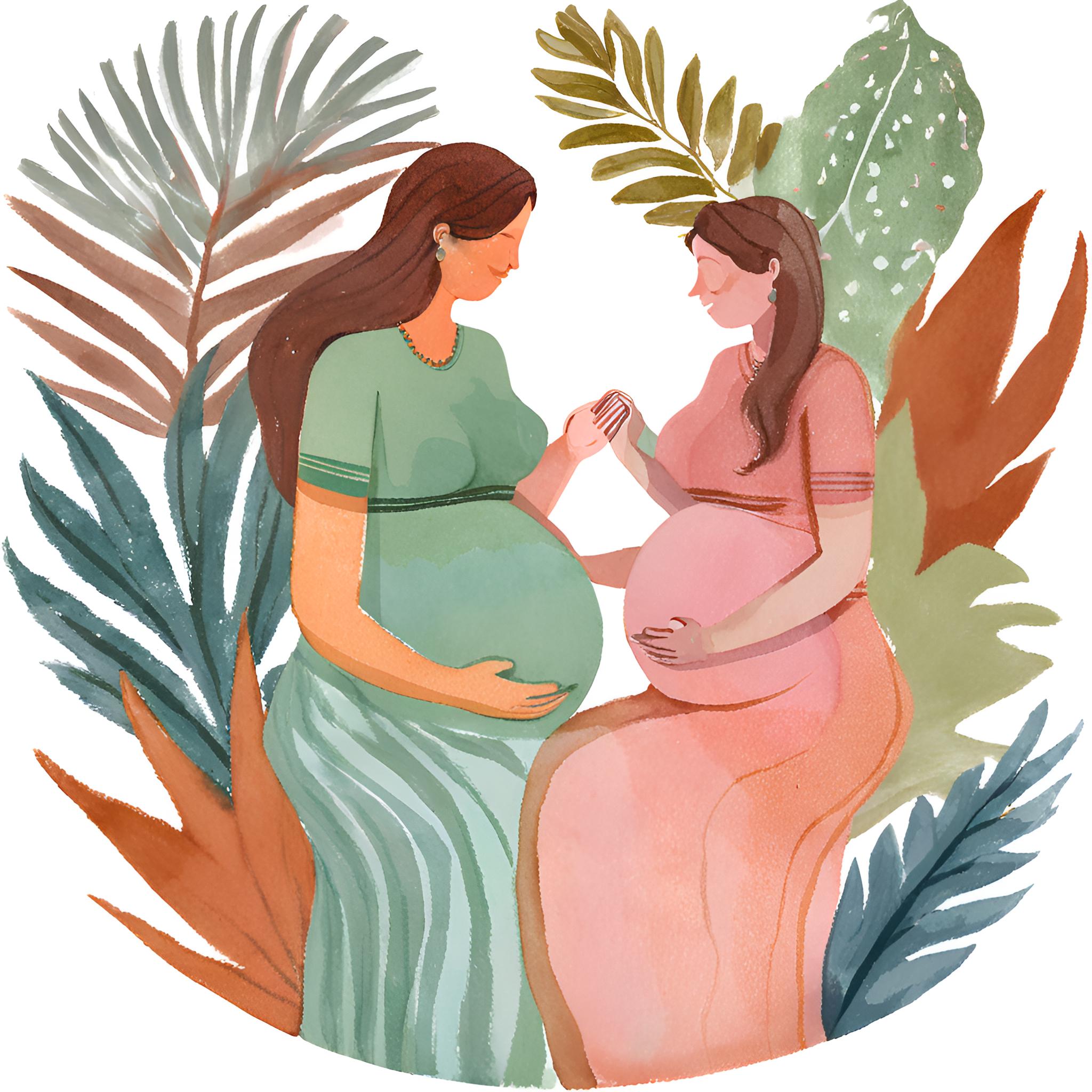 Create a image of pregnant mother with a partner in the colours of turqiouse, light green, pink, light blue and rust with tropical plants natural ]