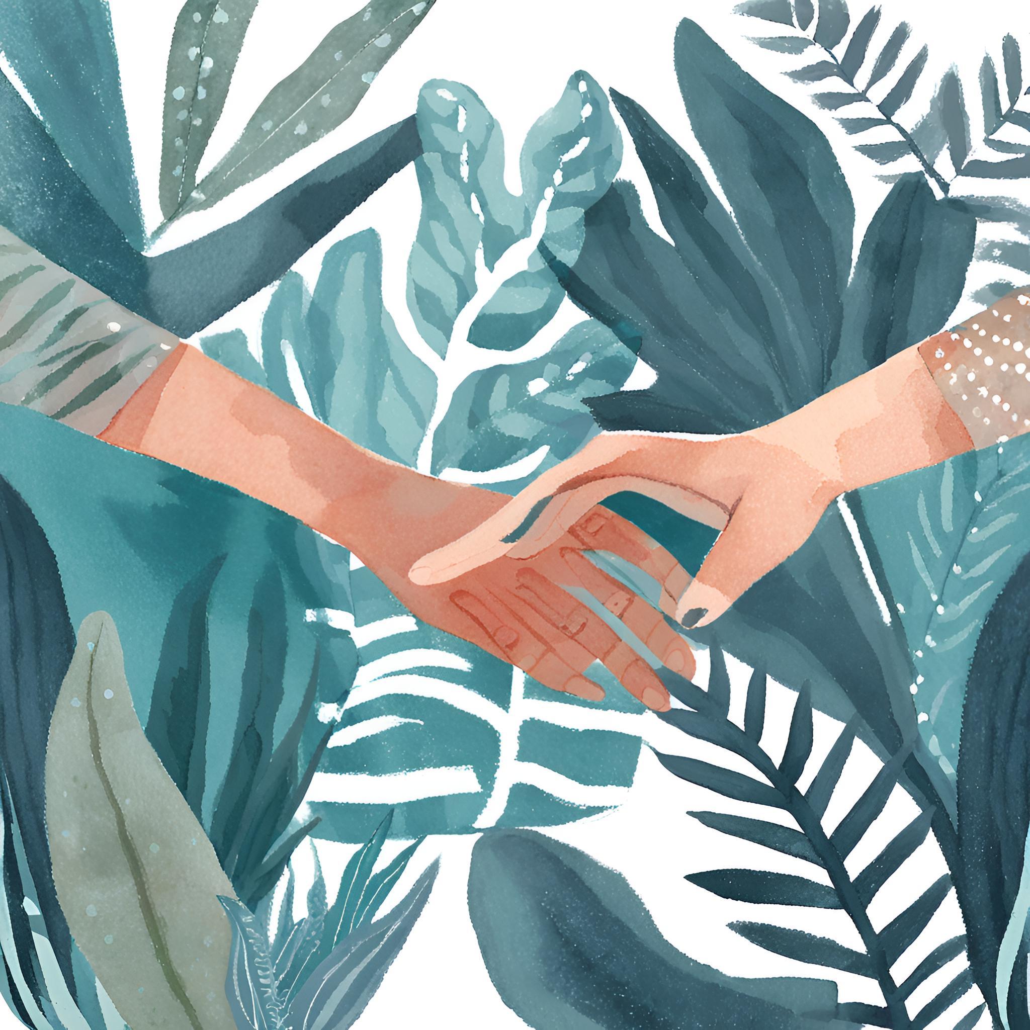 create illustrated holding hands walking with tropical plants in the colours od light and dark turquoise and white